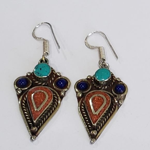 Tibetan Turquoise Lapis Lazuli Gem 925 Drop Earrings - Picture 5 of 12